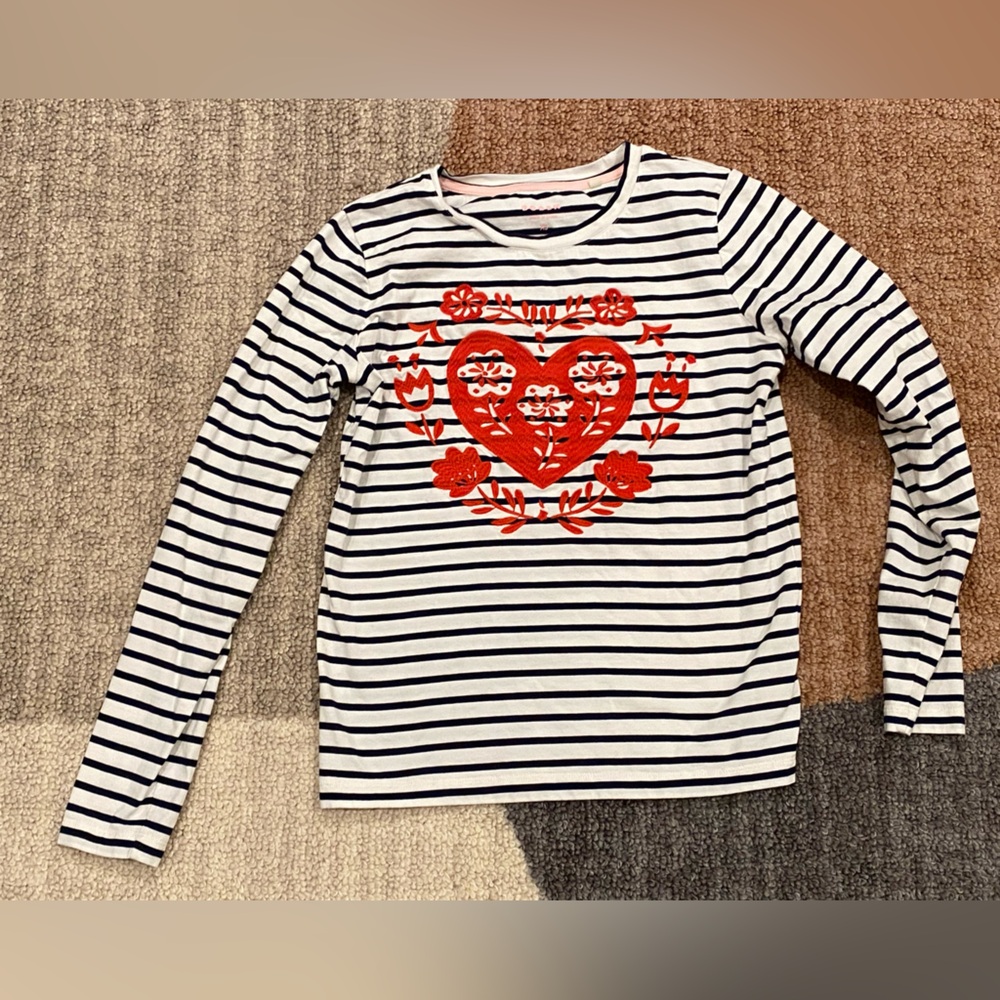 Boden Striped Blue White Embroidered Red Flowers XS Nautical Spring Marine